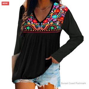 Long Sleeve Embroidered Peasant Blouse Floral Boho Tunic Top